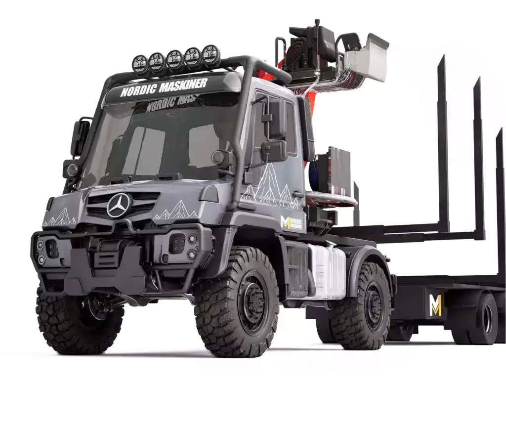 Logging machine product visualization truck render with crane and empty log trailer on white