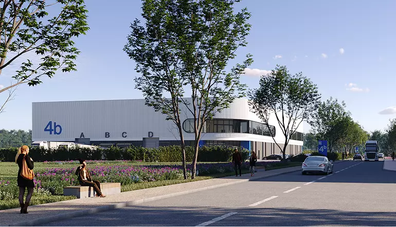 Logistics center rendering of warehouse building 4b with road, cars, and pedestrians in landscaped area