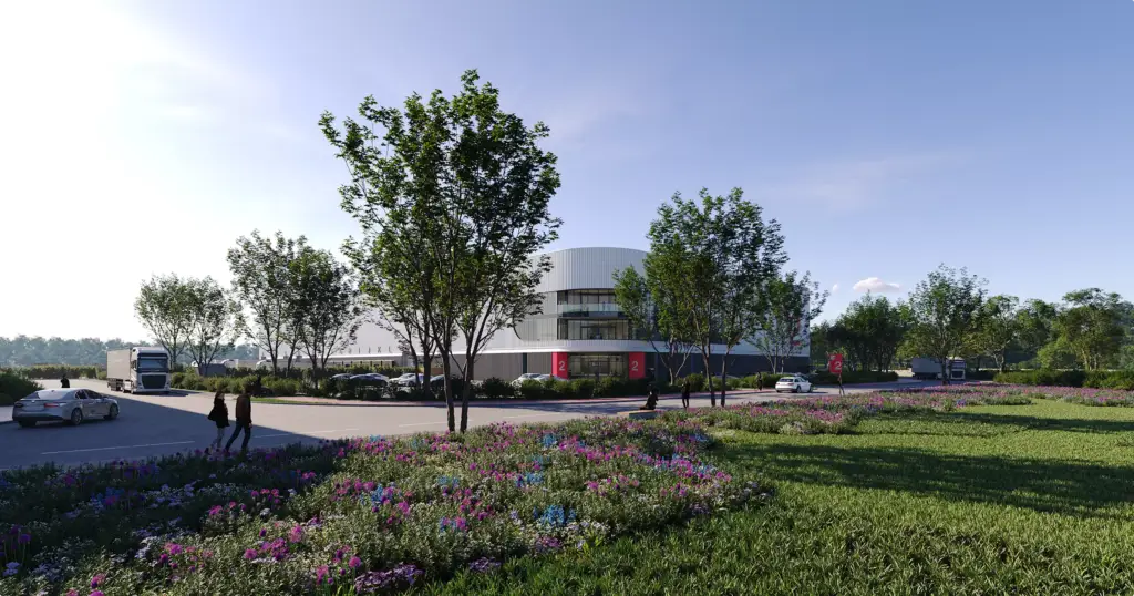 Logistics center rendering wide view of warehouse building with trees, flowers, road, cars, and people
