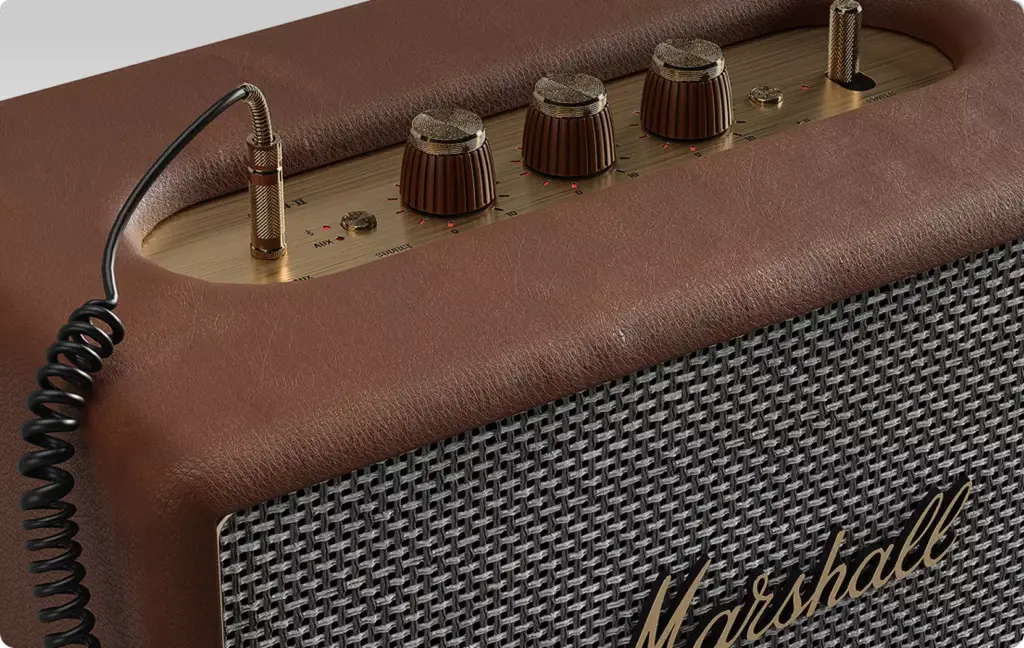 Material and texture renders speaker top with leather surface metal panel and knobs