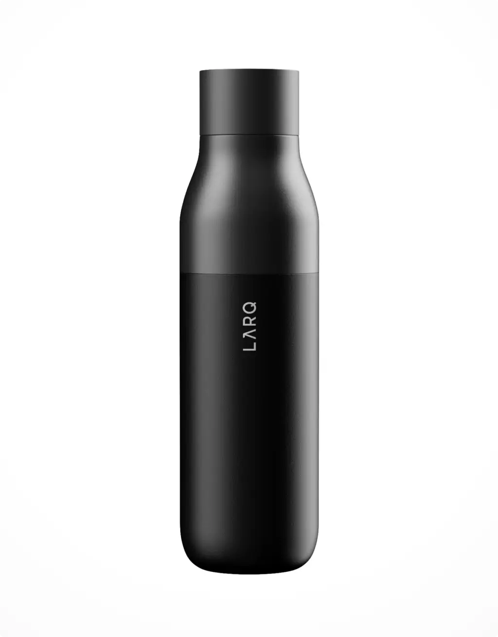 Black bottle product render with cylindrical cap, matte finish, and vertical logo on a white background