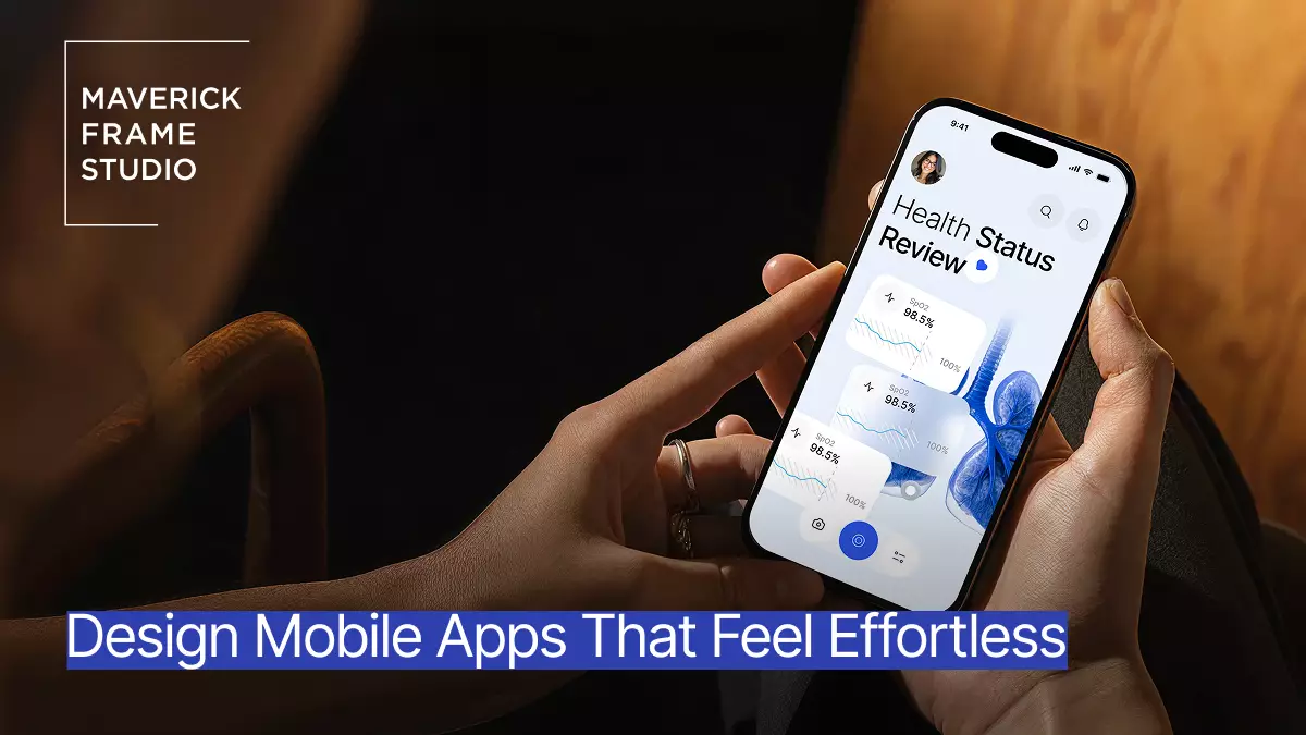 Mobile app design promo showing smartphone health review screen with hands and overlay text indoors