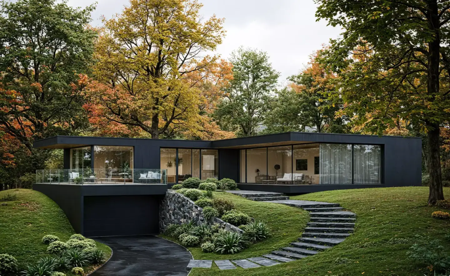 Best 3D Rendering Companies in the USA for Architectural Visualization & Real Estate in 2026 Modern glass house in forest, 3D rendering company USA, autumn trees and landscaped steps