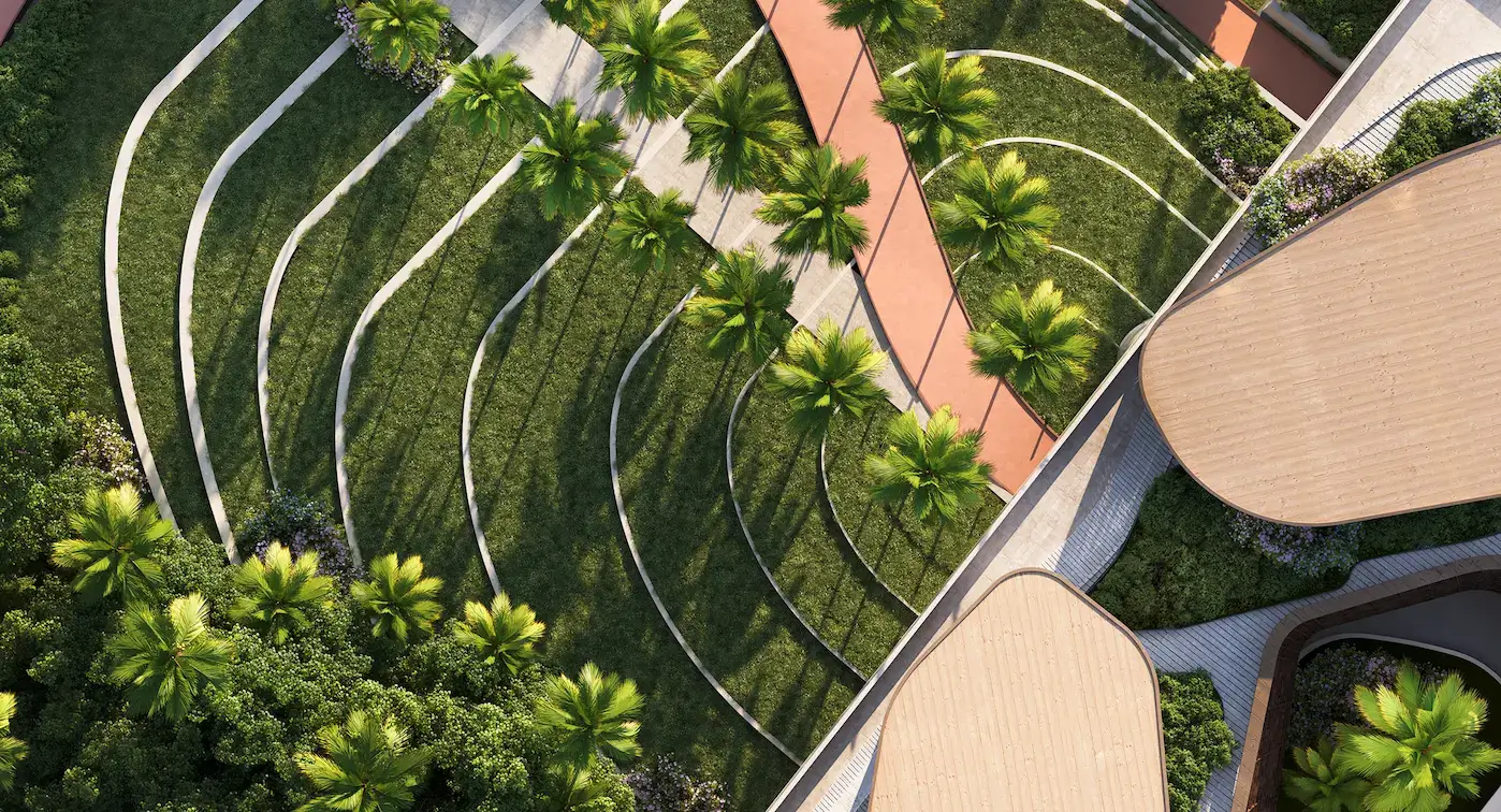 Outsourcing 3D Rendering: What It Really Costs and How to Choose a Studio Aerial landscape with curved paths and palm trees, outsource 3D architectural rendering