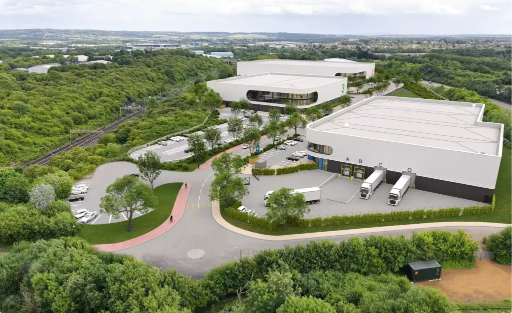 Photorealistic architectural rendering aerial view of logistics center with warehouses, trucks, roads, and trees