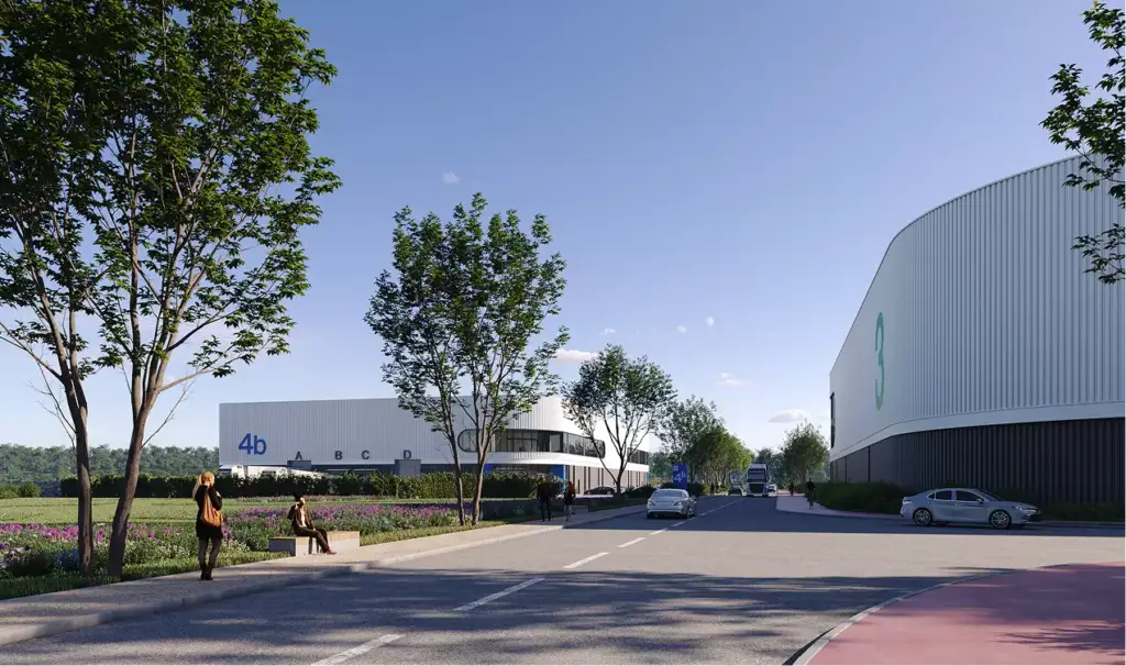 Photorealistic architectural rendering of logistics center road with cars, people, trees, and warehouse buildings