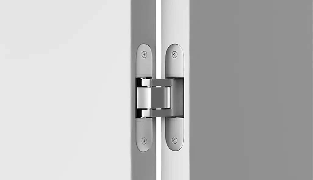 Photorealistic door renders showing concealed hinge on white door with metal hardware detail
