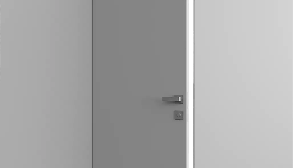 Photorealistic door renders of flush gray door with minimal handle in clean interior setting