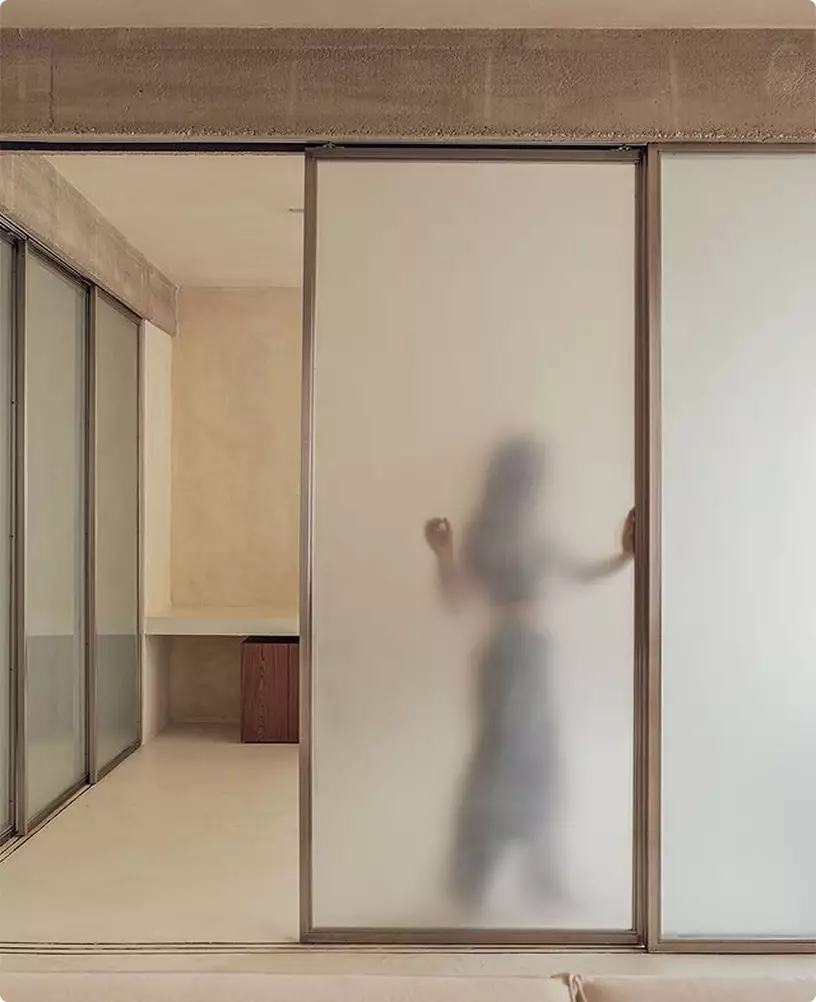Photorealistic door renders of frosted sliding glass doors with blurred figure behind in modern room