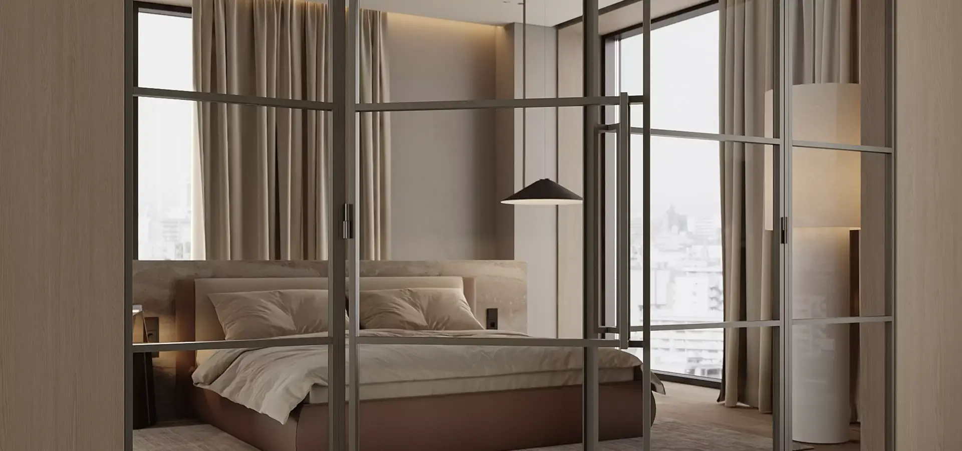 Photorealistic door renders of glass framed doors in modern bedroom with bed, curtains, and city view