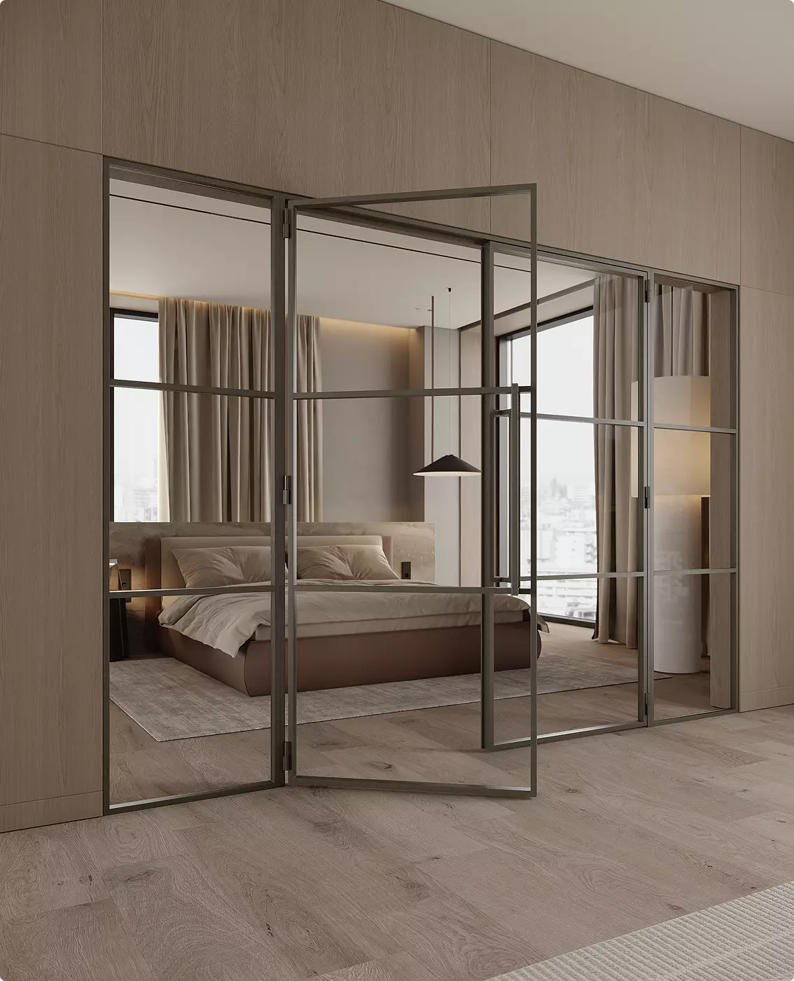 Photorealistic door renders of glass pivot doors opening to modern bedroom with bed and curtains