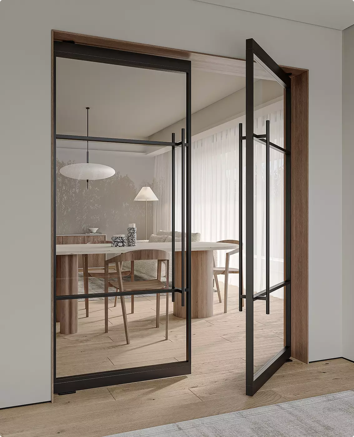 Photorealistic door renders of black framed glass swing doors opening into dining area with table