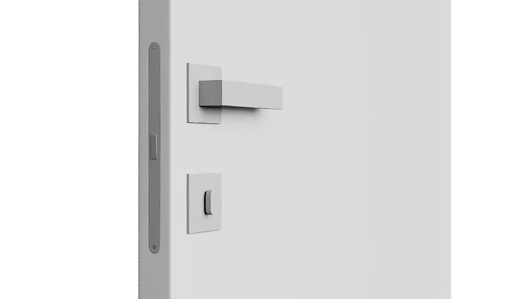 Photorealistic 3D render of a modern door with detailed handle and lock