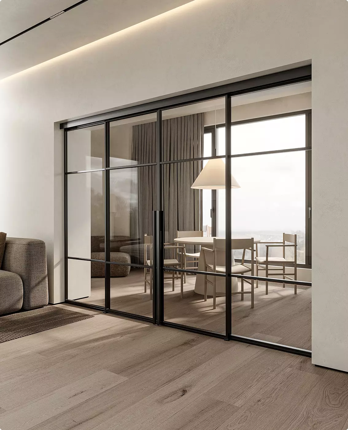 Photorealistic door renders of sliding glass partition with black frame dividing dining and living space