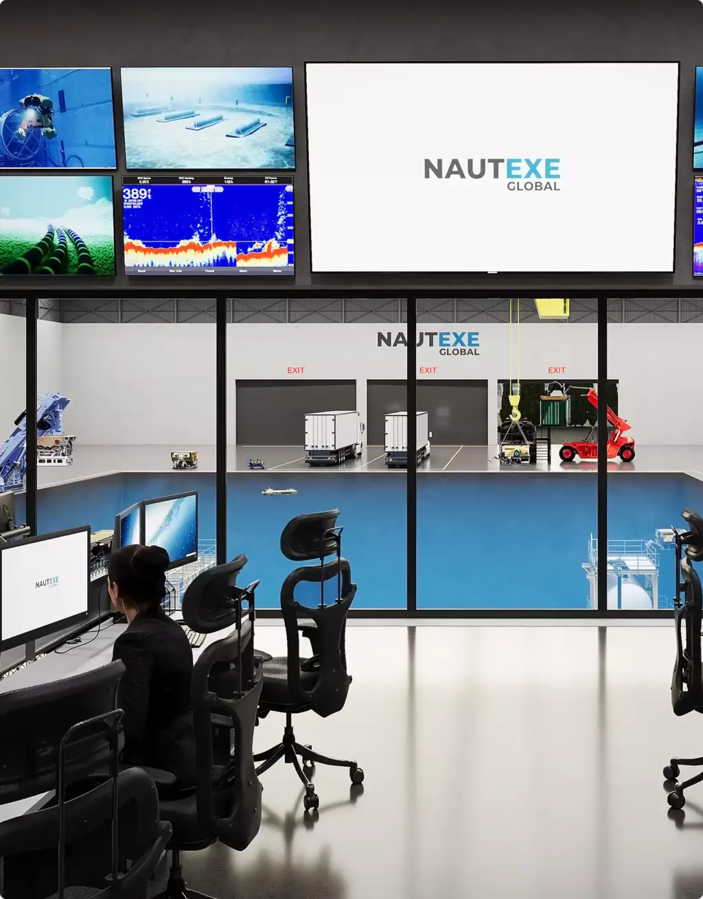 Pool rendering portfolio showing control room overlooking underwater testing facility