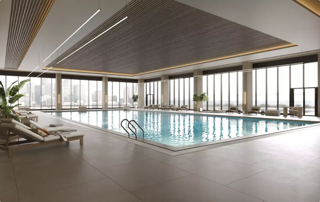 Pool rendering portfolio with modern indoor pool, lounge seating, and skyline views