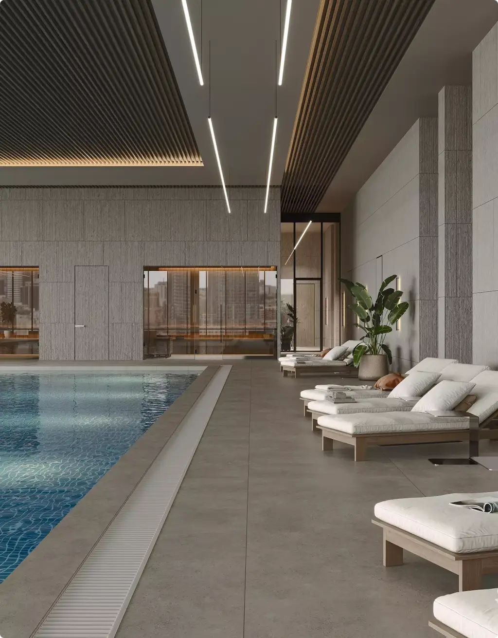 Pool rendering portfolio with luxury indoor pool and cushioned lounge chairs