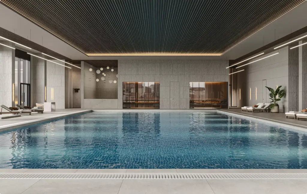 Pool rendering portfolio featuring luxury indoor pool with tiled water and lounge chairs