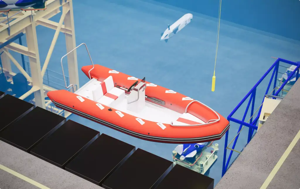 Pool rendering portfolio featuring orange rescue boat above deep underwater testing pool