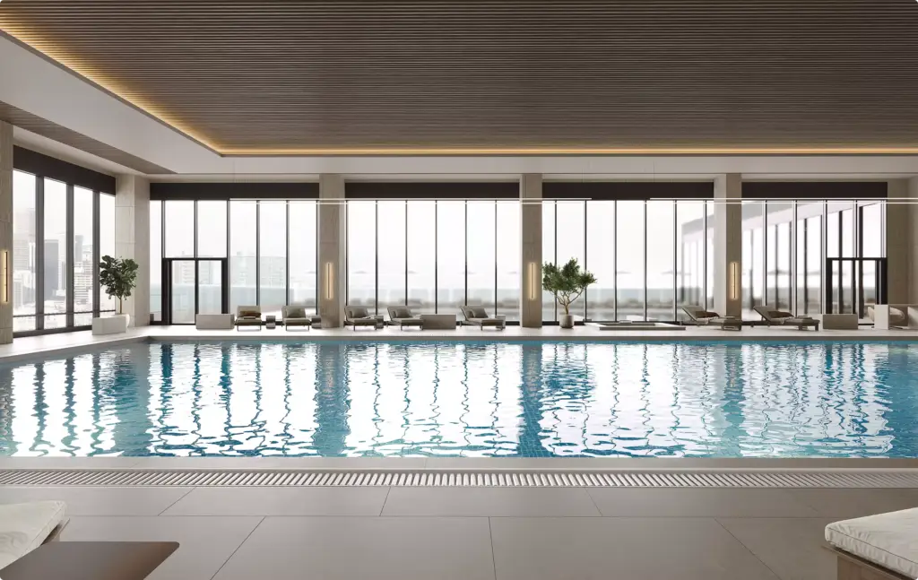 Pool rendering portfolio with rooftop indoor pool and floor-to-ceiling windows
