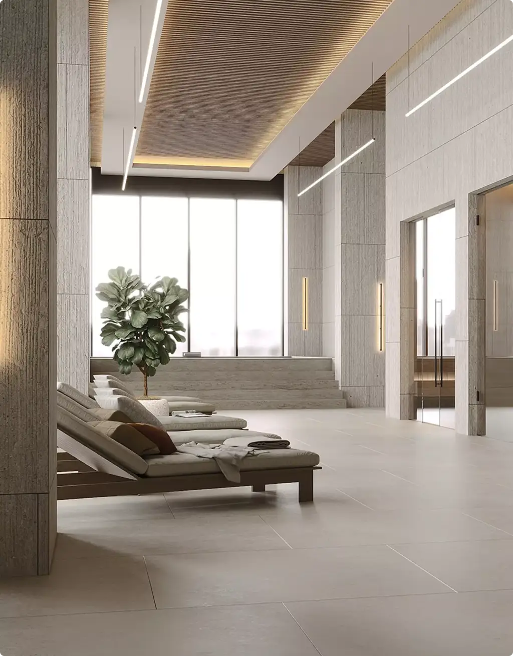 Pool rendering portfolio showing modern spa lounge beside indoor swimming pool