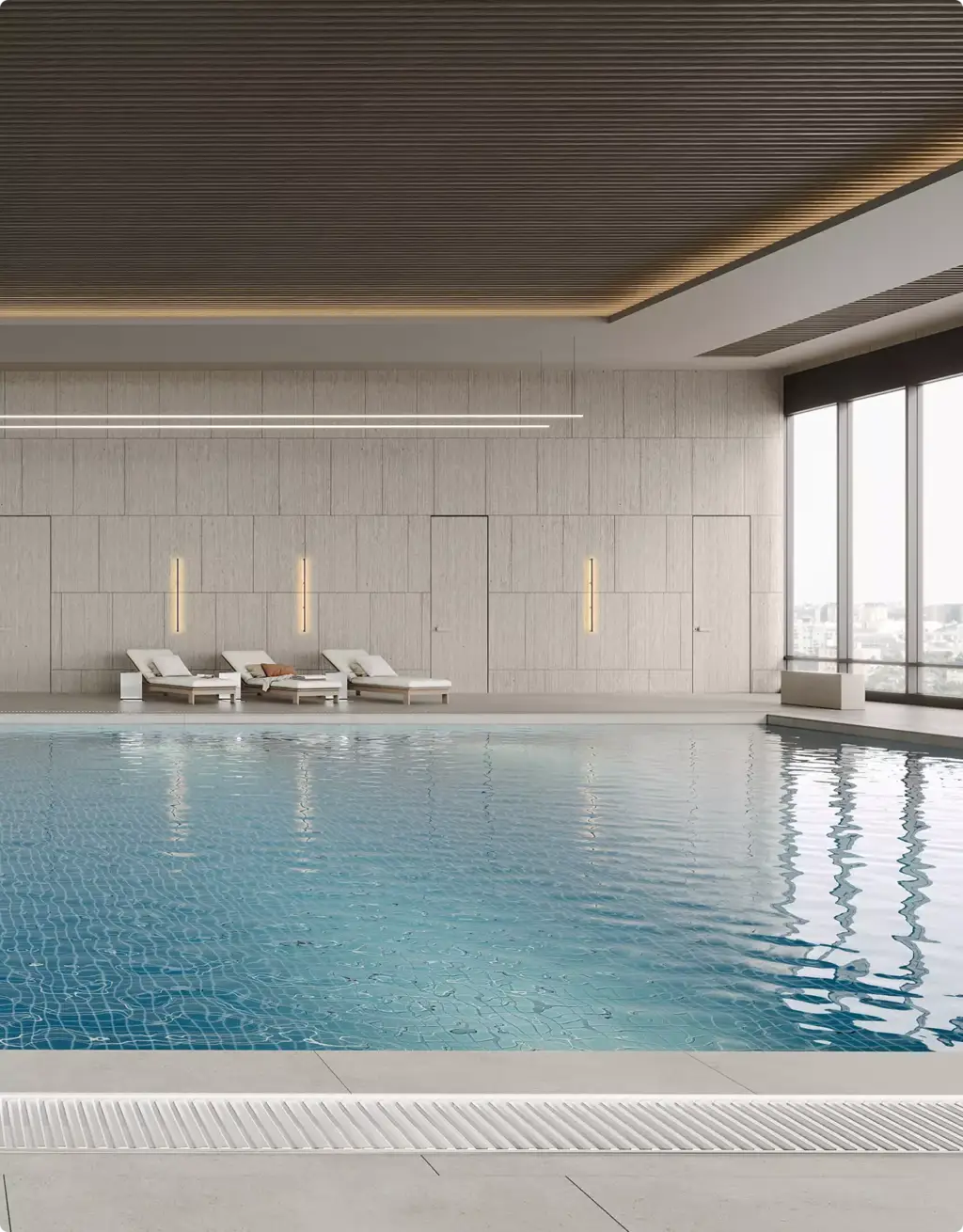 Pool rendering portfolio featuring calm indoor pool with minimalist spa interior