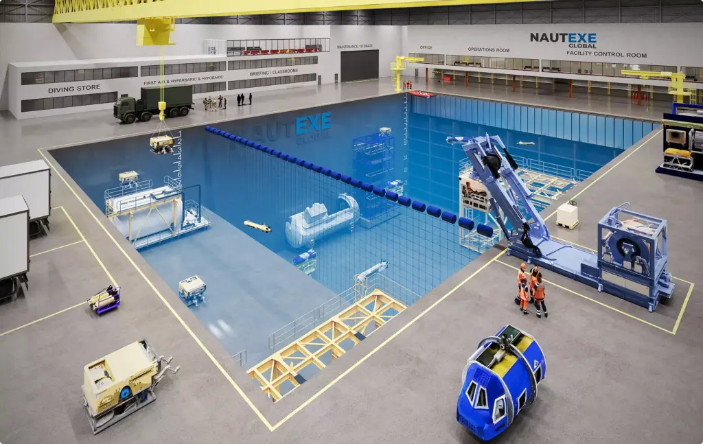Pool rendering portfolio showing large underwater testing pool with cranes and submersibles