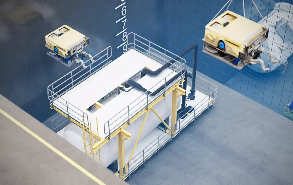 Pool rendering portfolio showing industrial underwater testing tank with floating equipment