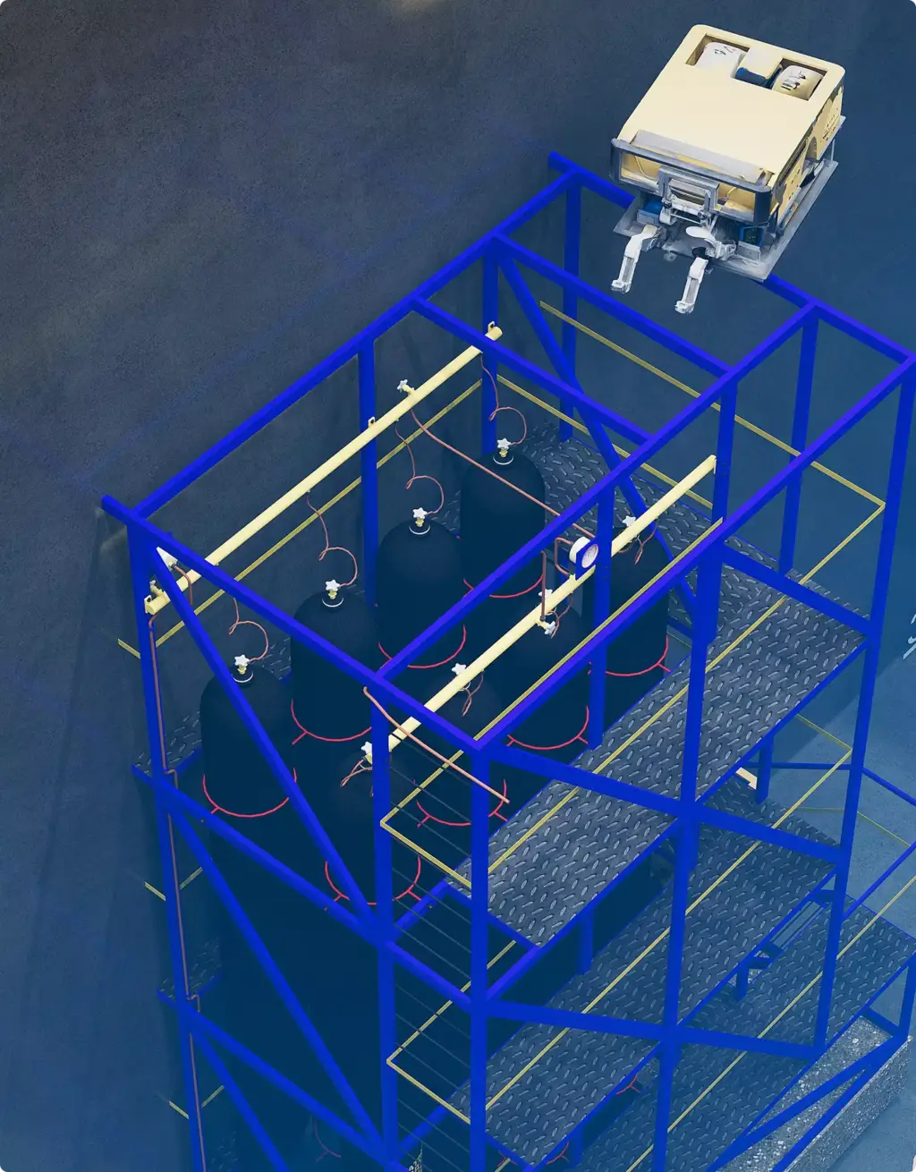 Pool rendering portfolio featuring blue underwater platform with scuba tanks and robot