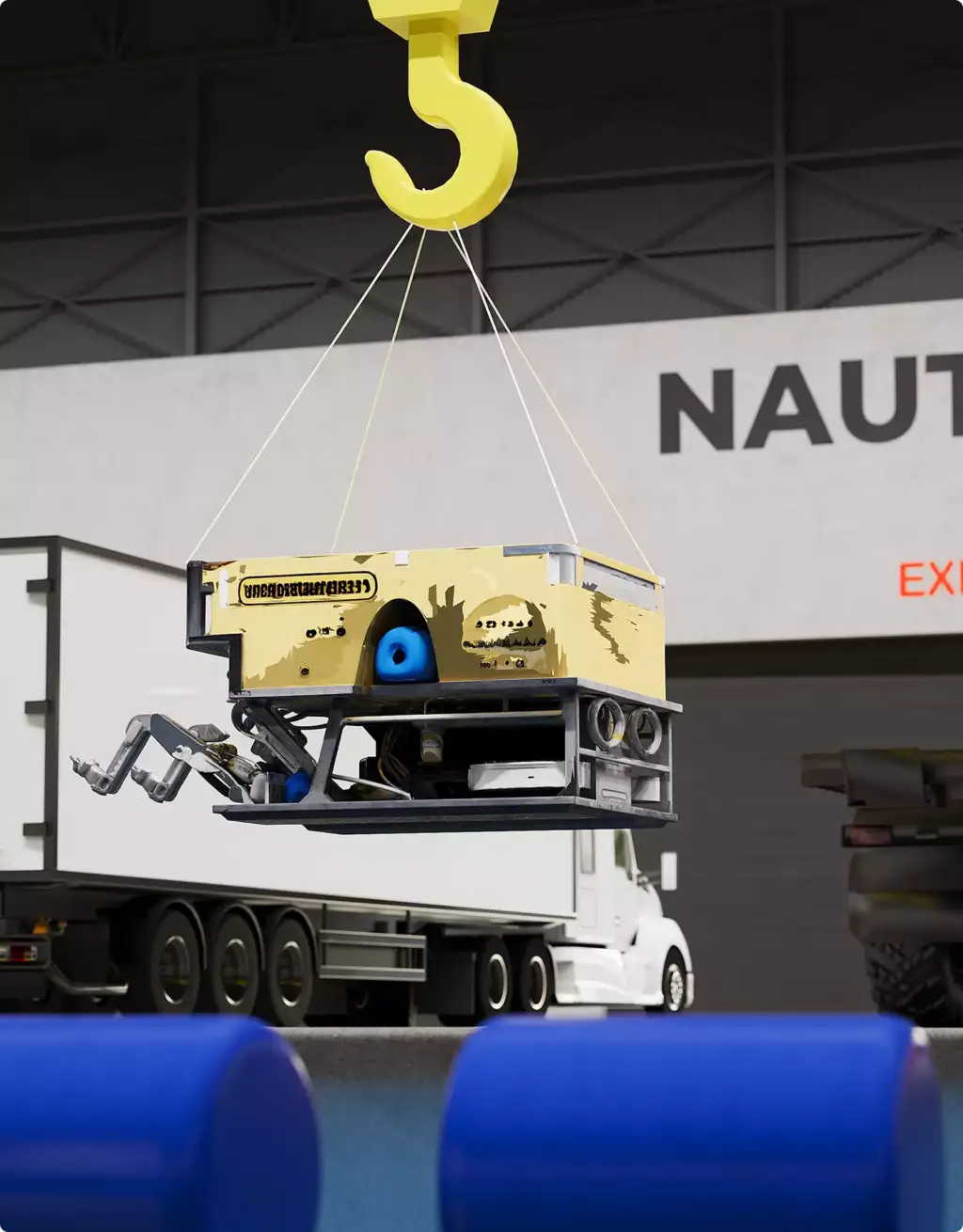 Pool rendering portfolio with suspended underwater robot above deep testing pool
