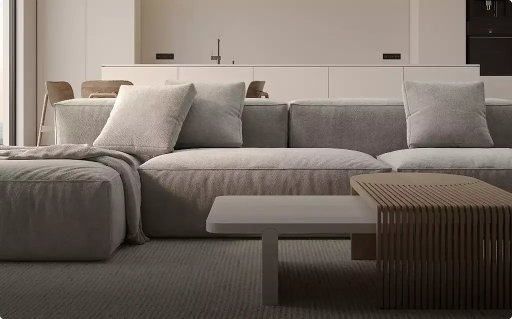 Beige sofa and tables in living room Product modeling interior furniture setup