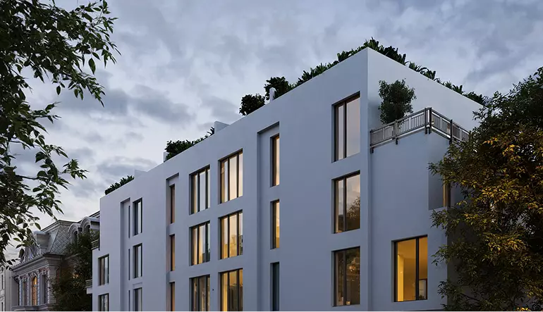 Real estate 3D exterior rendering of modern apartment facade with large windows and trees at dusk