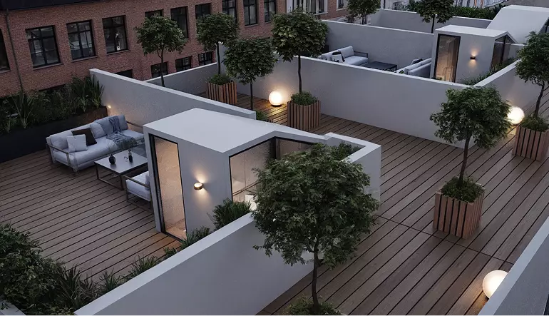 Real estate 3D exterior rendering rooftop terraces with seating, planters, and evening lighting
