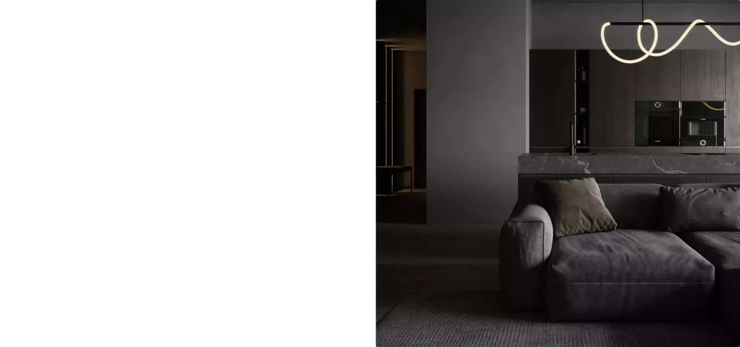 Dark modern living room with sofa and kitchen lighting, real estate interior design