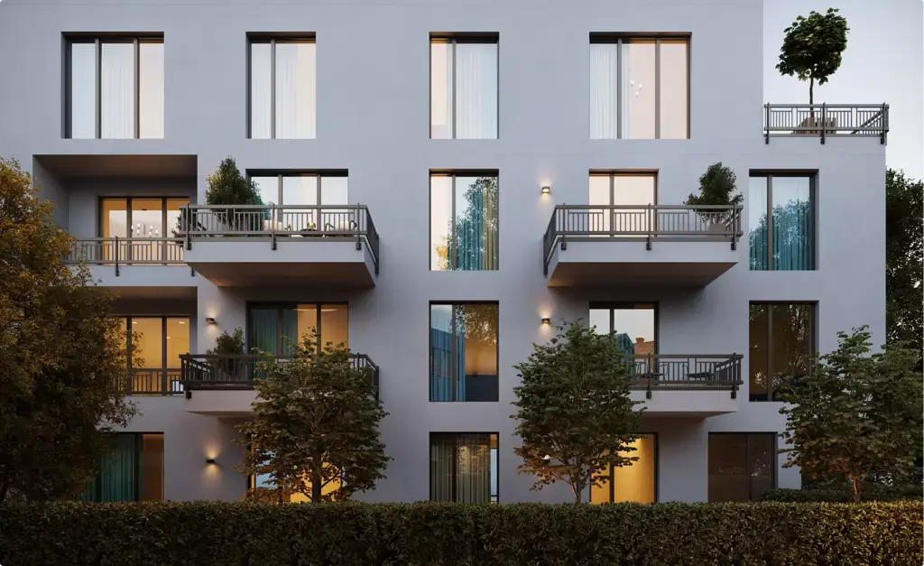 Residential complex 3D rendering facade with balconies, trees, and lit windows at dusk