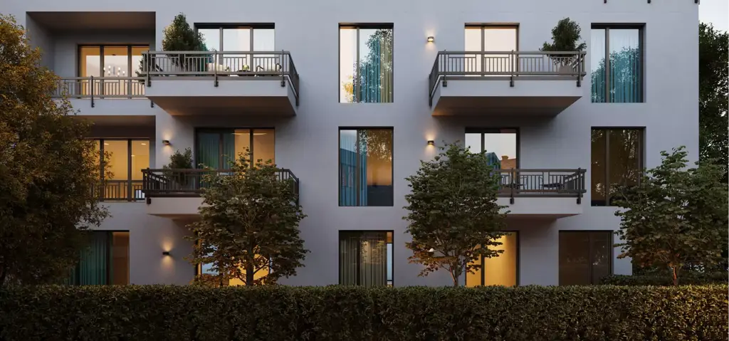 Residential complex 3D rendering facade with balconies, trees, and warm interior lighting
