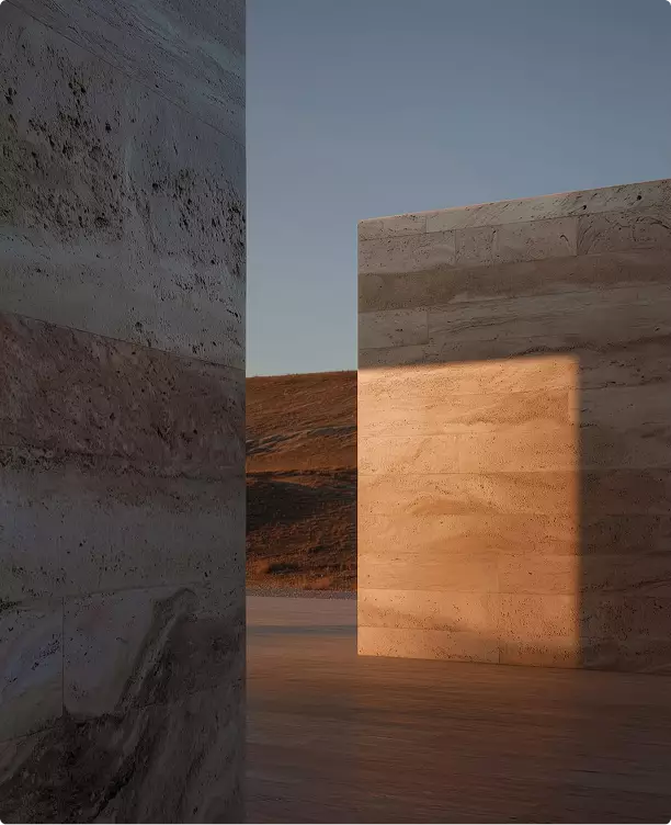 Residential complex 3D rendering minimal stone walls with sunlight and shadow in open space