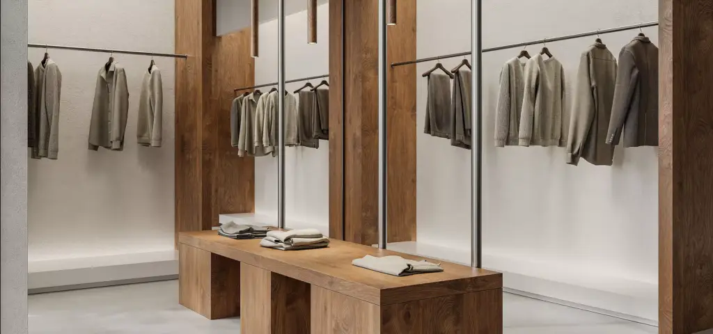 Retail store 3D rendering with wooden display table, hanging neutral clothing, and minimalist interior