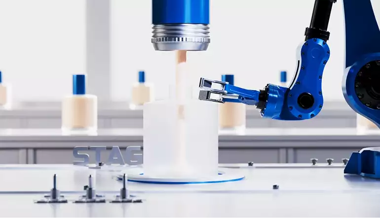 Robotic arm 3D animation of blue robot dispensing material into cylinder on stage platform in clean setup