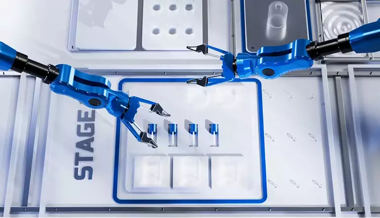 Robotic arm 3D animation of dual blue robotic arms assembling parts on stage tray with organized components