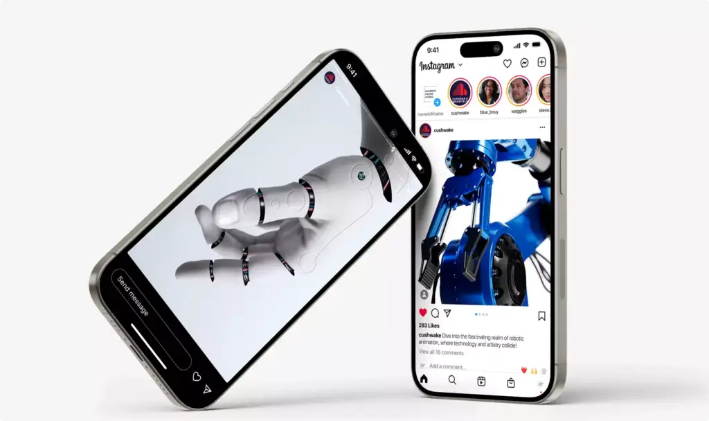 Robotic arm 3D animation displayed on smartphone screens showing robotic hand and industrial arm interface