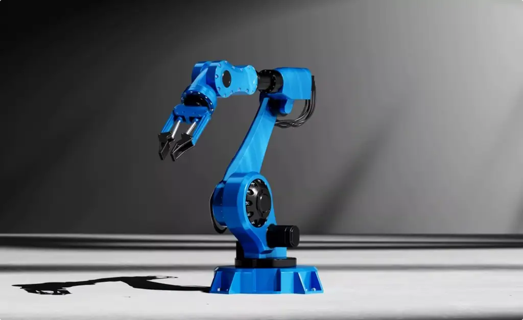 Robotic Arm 3D Rendering of blue industrial robot manipulator with precision gripper