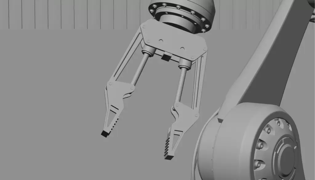 Robotic Arm 3D Rendering of automated blue robotic arms on a smart factory assembly line