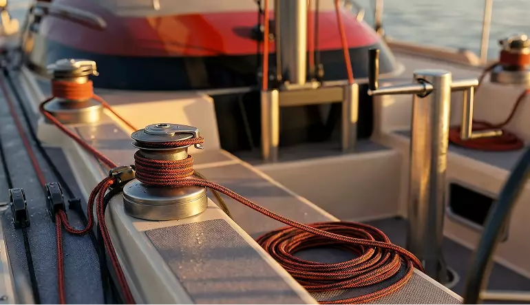 Sailboat visualization deck detail with winch and coiled rope in warm sunlight on boat surface