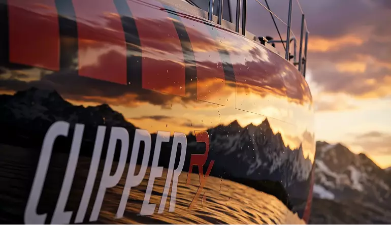 Sailboat visualization glossy hull reflecting sunset and mountains with clipper text on side