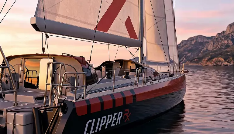 Sailboat visualization side view of yacht with sails raised near rocky coast in warm sunset light