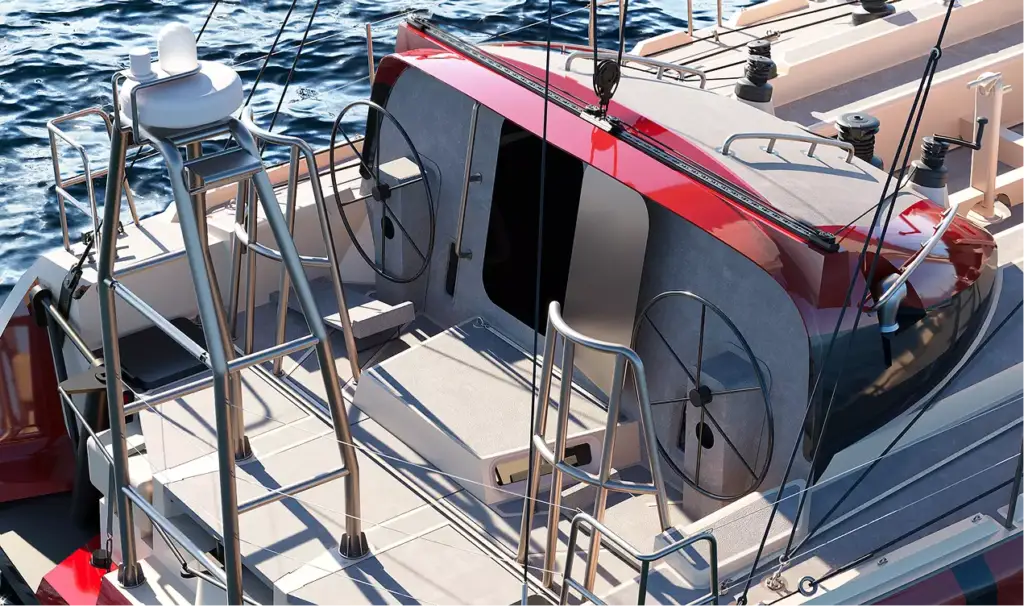 Sailing boat animation render deck detail with steering wheels, railings and cabin structure
