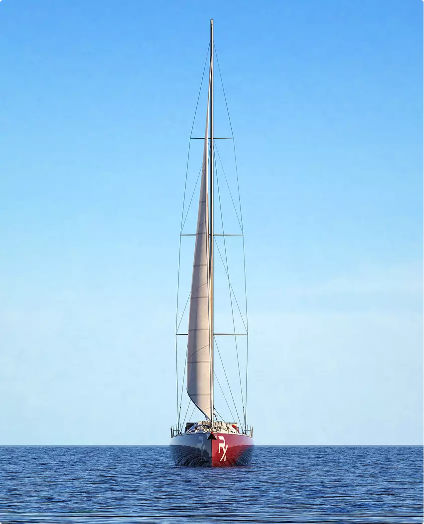 Sailing boat animation render front view of yacht with tall sail on calm ocean under clear sky