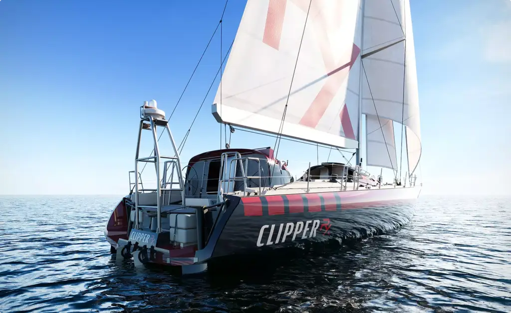 Sailing boat animation render rear angle of yacht with sails open on reflective ocean water