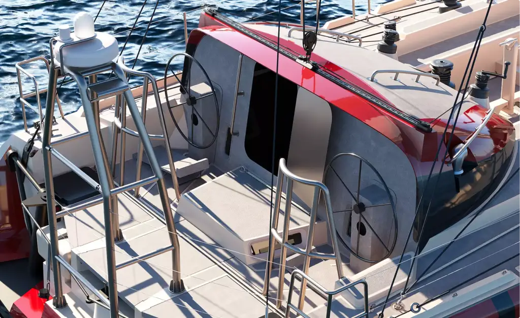 Sailing yacht CGI deck detail with steering wheels, railings and cabin structure in sunlight